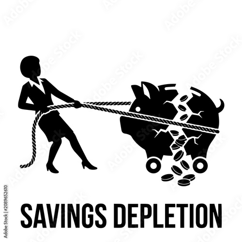 Fotografie Businesswoman pulling rope attached to broken piggy bank with coins falling out