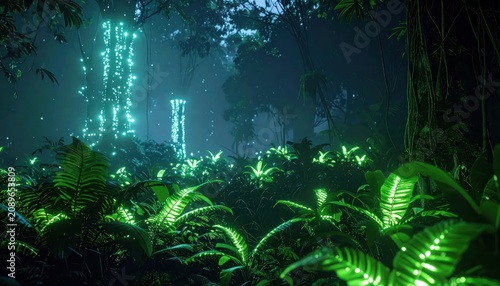 Magical bioluminescent jungle with glowing blue and green lights.