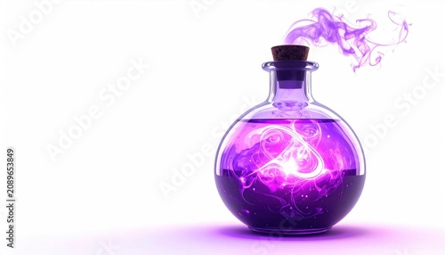 Magical purple potion bottle with glowing elixir and smoke.