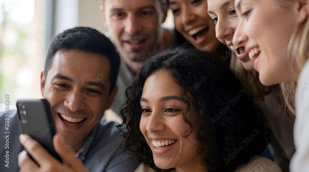 Obraz premium Group of diverse woman and man looking at smartphone with happy expression. Friends laughing at screen content during meeting. Digital connection and social media communication concept.