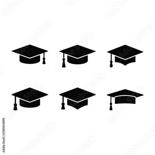 Graduation caps are arranged in two rows on a white background