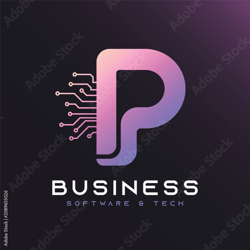 Letter P Technology Logo Design, Letter P Circuit Monogram Logo for Software and Digital Brand