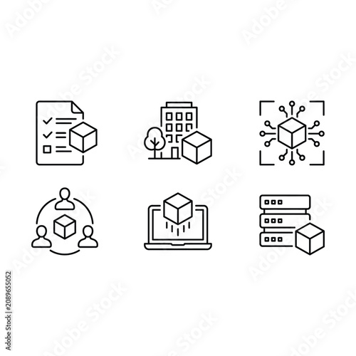 A collection of six line icons depicting various aspects of logistics and data.