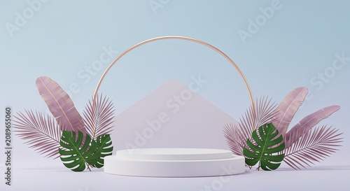 Minimalist product display with tropical leaves.