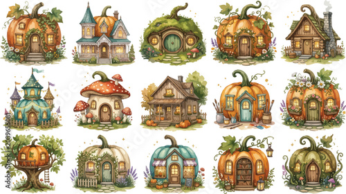 Set of watercolor illustrations featuring magical pumpkin houses and fantasy dwellings perfect for autumn harvest decorations and whimsical fairytale themed design projects isolated