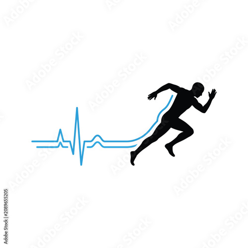 A person runs quickly with a blue electrocardiogram line flowing through their body.
