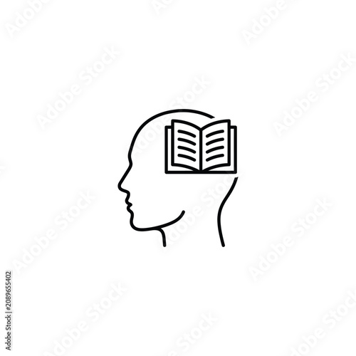 A minimalist line drawing depicts a human head with an open book inside its brain.