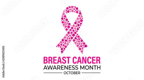 Pink ribbon symbol created from dots, representing Breast Cancer Awareness Month in October, on a clean white background.