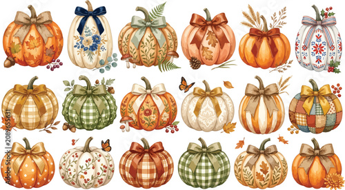 A collection of decorative harvest pumpkins featuring various patterns textures and bows isolated on a white background for autumn seasonal design projects