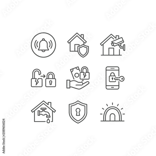 Security icons including a house with a shield and a lock on a mobile device are shown