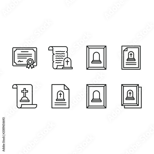 A collection of document icons featuring bell and cross symbols on various papers