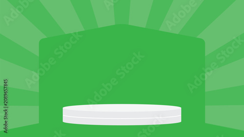 Green promotional podium background with spotlight rays, suitable for product presentations, advertisements, and commercial banners.