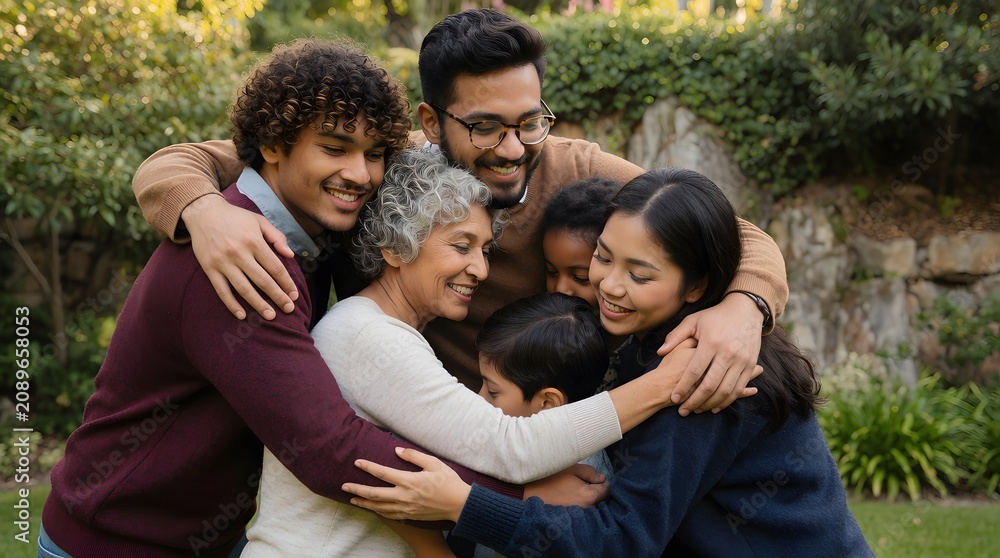 Fototapeta premium Multi-generational diverse family hugging together in park. Happy group of grandmother, daughter, son, and grandchildren sharing love and affection. Family bonding and unity concept.