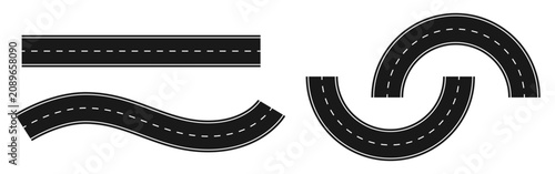 Фотография Set of black asphalt road segments with white dashed lane markings on a transpar