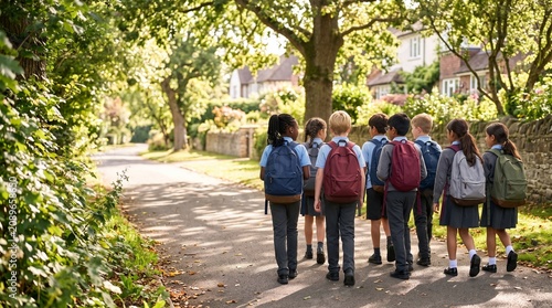 Group of children walking back to school along a sunny road