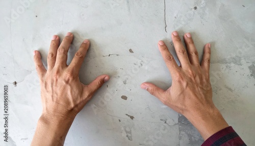 Human hands placed against a gray concrete wall background.