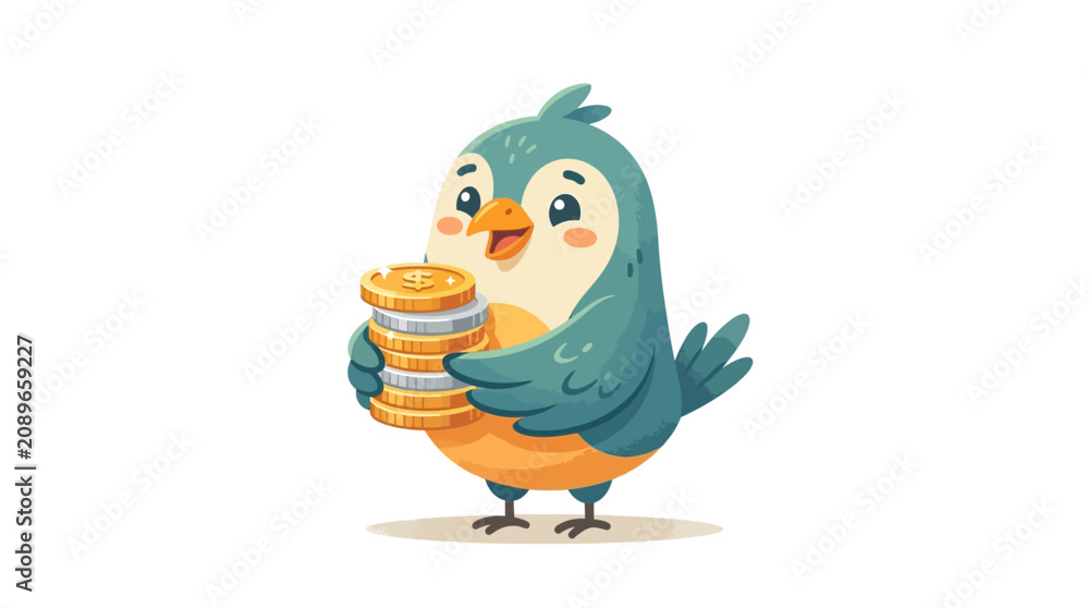 Naklejka premium Cute cartoon bird holding a stack of gold coins, business savings, investment, financial concept