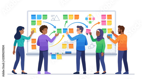 Diverse Business Team Collaborating on Agile Project Board with Sticky Notes
