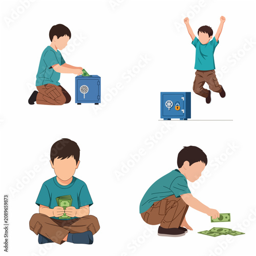 Schilderij op canvas Little boy saving and managing money set, child putting cash into safe, counting bills and jumping with joy, concept of financial literacy and wealth for kids, flat vector illustration