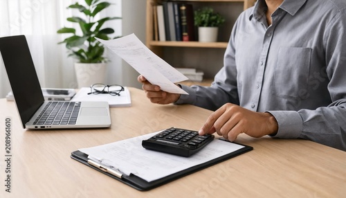 Hands writing on tax document with pen beside laptop on desk, processing financial paperwork for accounting, calculation, expense reporting, and document management in a business workflow
