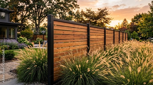 Contemporary outdoor privacy fence made of horizontal rich cedar wood slats framed in matte black metal surrounded by lush ornamental grass.