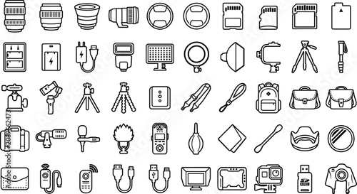 Foto Photography and videography camera equipment line icon set featuring lenses trip
