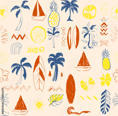 hand drawing vector Summer Element's. seamless print design. tropical vector graphics. palm tree with surfboard, lemon, waves pineapple, boat, flowers together make summer graphics print design. 