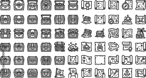 Fotografie Pirate treasure chest and secret map line icons set featuring gold loot boxes me