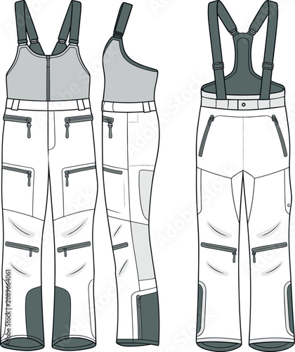 Tableau sur toile Technical flat sketch of men's performance winter ski bib pants featuring adjustable suspenders, front zipper closure, multiple utility pockets, and reinforced hem panels