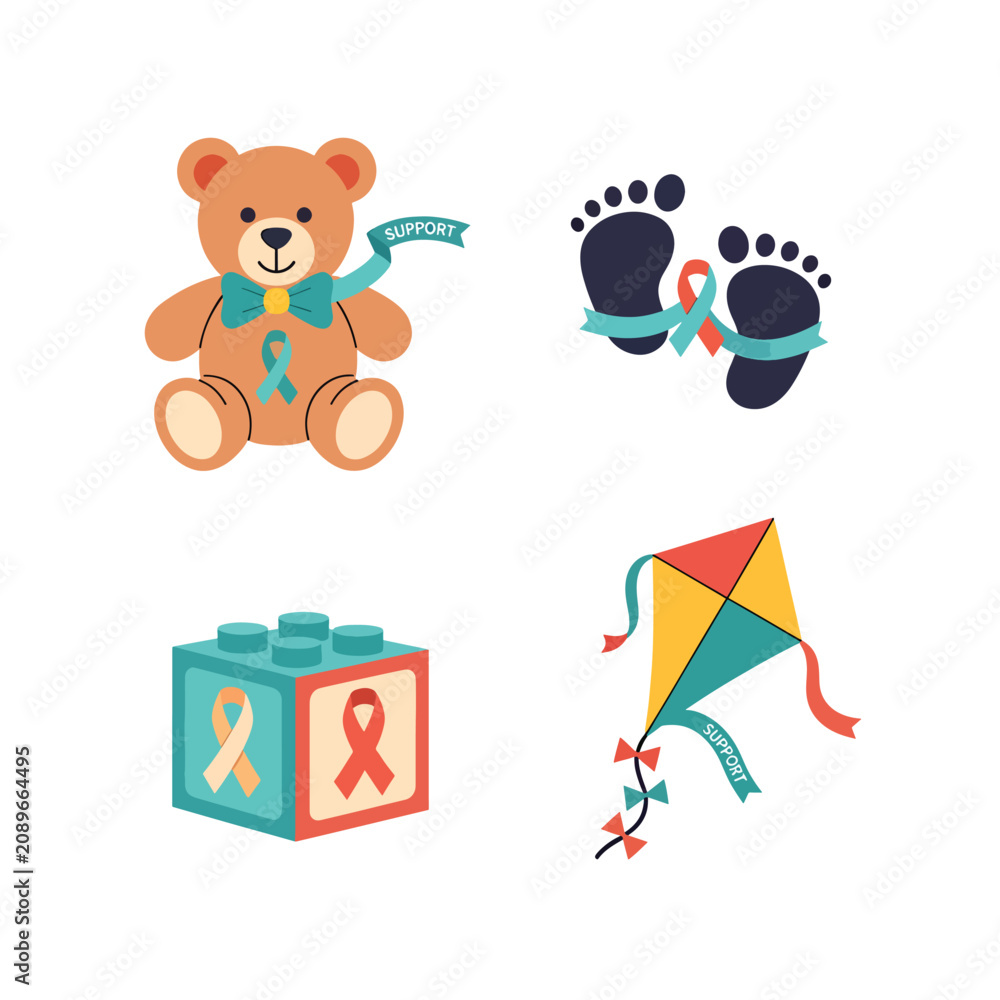Fototapeta premium Childhood Cancer Awareness Icons: Teddy Bear, Baby Footprints, Toy Block, Kite with Ribbons