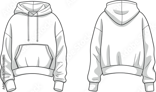 Foto Technical flat sketch of oversized hooded sweatshirt with kangaroo pocket and dr