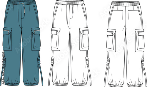 Technical flat sketch of oversized cargo parachute pants featuring elastic drawstring waistband multi pocket utility design and adjustable toggle hem vector apparel template.