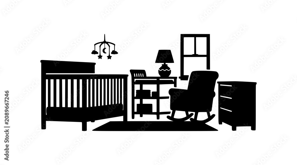 Fototapeta premium Baby nursery room interior silhouette with furniture and accessories