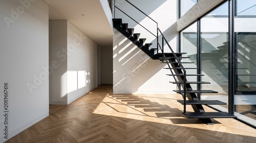 Minimalist empty architectural hallway space showcasing a stunning floating black metal staircase and gorgeous light oak herringbone floor.