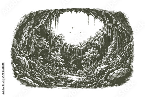 Canvas Print Detailed Line Art Cave Interior Vector Illustration Featuring Lush Vegetation, N