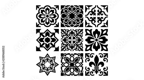 Set of Nine Black and White Decorative Tile Patterns with Geometric and Floral Designs