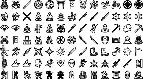 Canvas Print Samurai and ninja traditional Japanese warrior line icons set featuring katana s