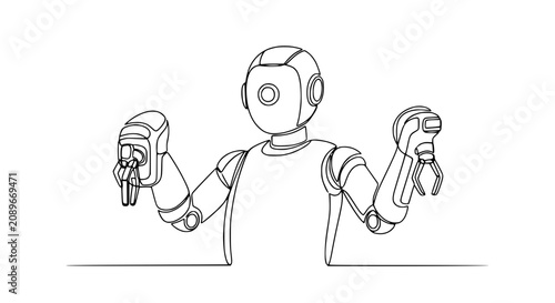 Foto One Line Drawing Robot Holding Grippers, Futuristic Technology Concept