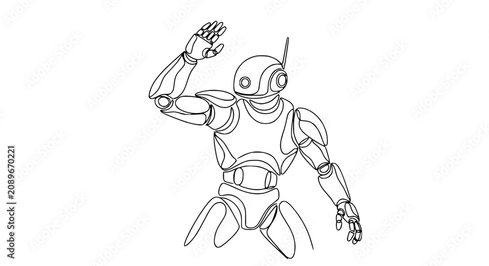 Fototapeta premium Modern Robot Waving Hand, Futuristic Android Character, Minimalist Line Art