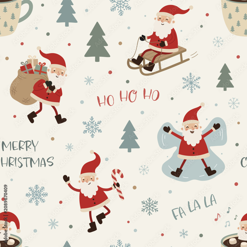 Fototapeta premium Christmas seamless pattern with Santa, sleigh, gifts, candy cane, snow angel, cocoa mugs, trees, snowflakes, and holiday slogans