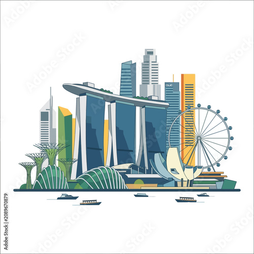 Singapore Skyline Landmark Icons - Marina Bay Sands, Gardens by the Bay, Ferris Wheel