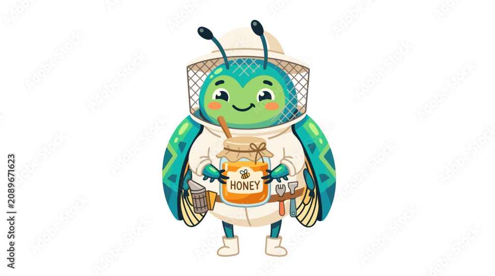 Obraz premium Cute Bee Beekeeper Holding Honey Jar with Tools, Cartoon Character, White Background