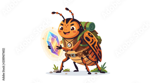 Cute adventurer beetle holding magic crystal, cartoon illustration
