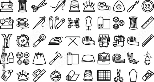Canvas Print Sewing tailoring and dressmaking line icons set featuring sewing machine thread