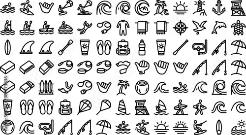 Foto Surfing and ocean water sports line icons set featuring waves paddleboarding kit