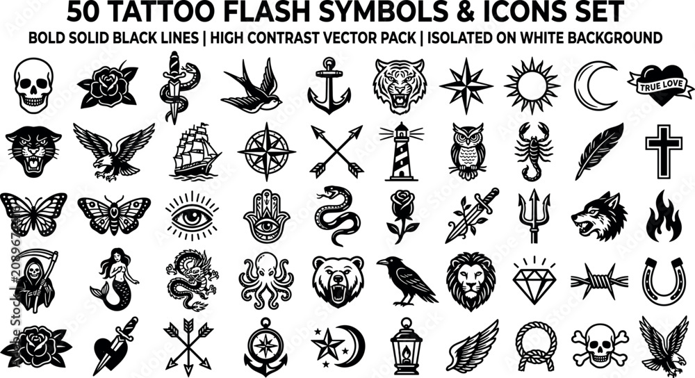 Obraz premium Tattoo flash art symbols and traditional graphics set featuring bold solid black outline skull rose dagger anchor vector elements