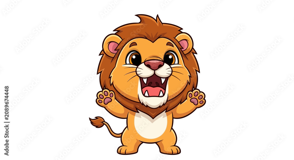 Fototapeta premium Adorable Cartoon Lion Cub Character Standing With Arms Raised Isolated on a White Background for Childrens Design