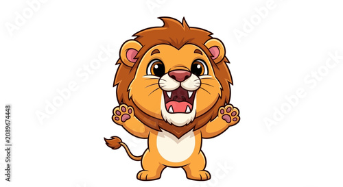 Adorable Cartoon Lion Cub Character Standing With Arms Raised Isolated on a White Background for Childrens Design
