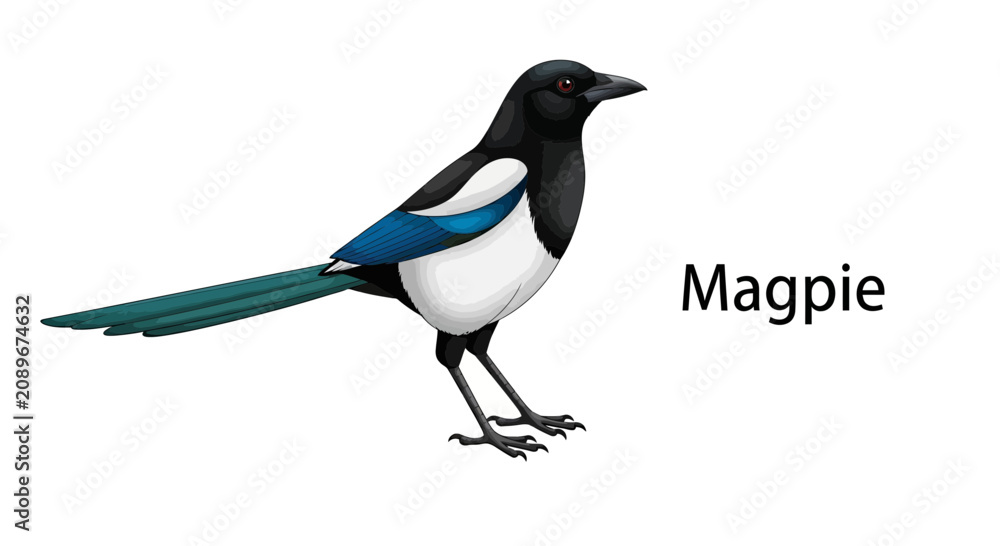 Fototapeta premium Detailed Vector Illustration of an Eurasian Magpie Featuring Distinctive Black and White Plumage with Iridescent Blue Wing Details