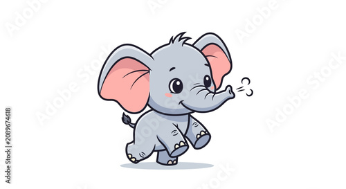 Cute Little Gray Elephant Character Walking Happily in a Playful Cartoon Style Design for Childrens Books and Nursery Decor